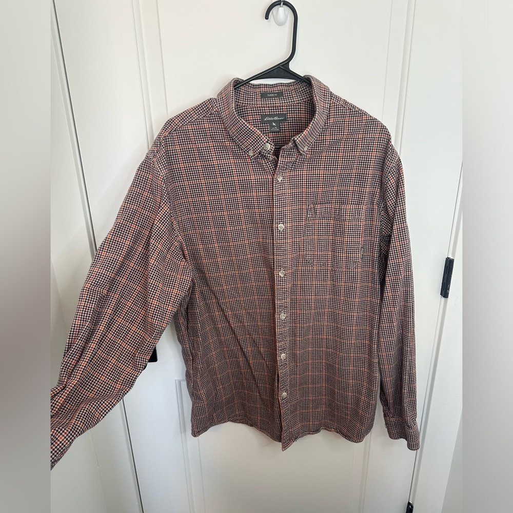 Eddie Bauer Men’s XL Classic Fit Button Down Orange Cotton Long Sleeve, Gingham